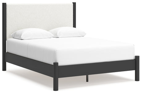 Cadmori Queen Upholstered Panel Bed with 2 Nightstands in Black/White - PKG020265