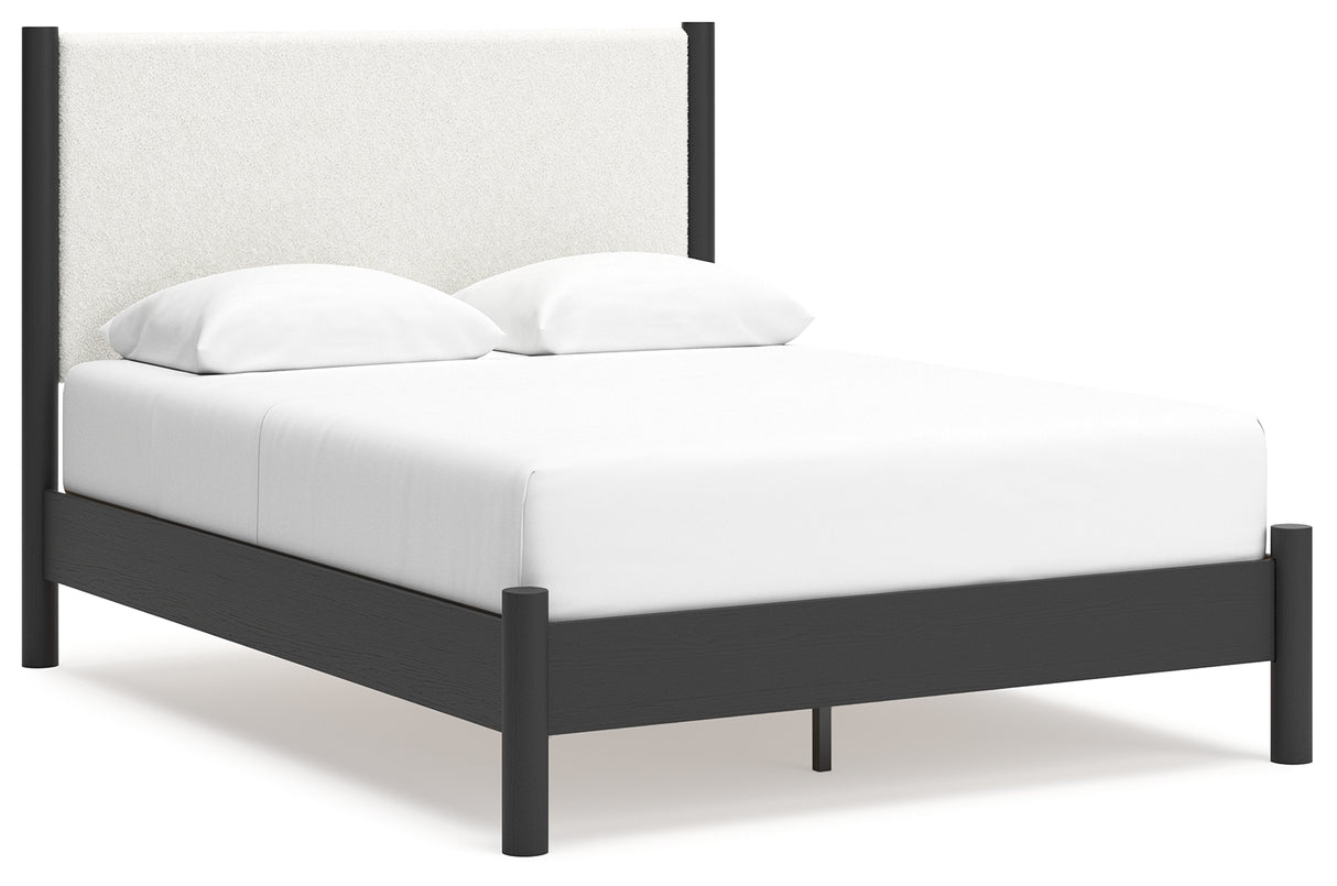 Cadmori Queen Upholstered Panel Bed with 2 Nightstands in Black/White from Ashley - Luna Furniture