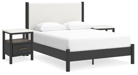 Cadmori Queen Upholstered Panel Bed with 2 Nightstands in Black/White - PKG020265