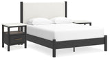 Cadmori Queen Upholstered Panel Bed with 2 Nightstands in Black/White from Ashley - Luna Furniture