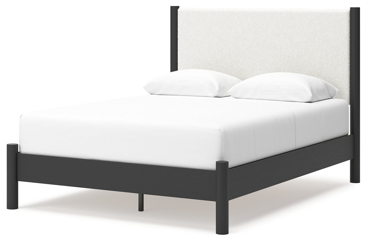 Cadmori Queen Upholstered Panel Bed with Dresser and 2 Nightstands in Black/White from Ashley - Luna Furniture