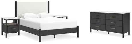 Cadmori Queen Upholstered Panel Bed with Dresser and 2 Nightstands in Black/White - PKG020264