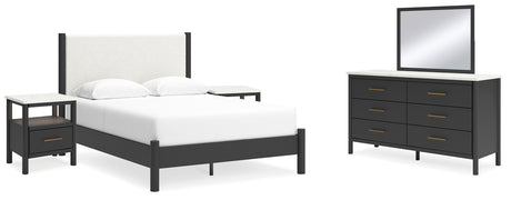 Cadmori Queen Upholstered Panel Bed with Mirrored Dresser and 2 Nightstands in Black/White - PKG020258