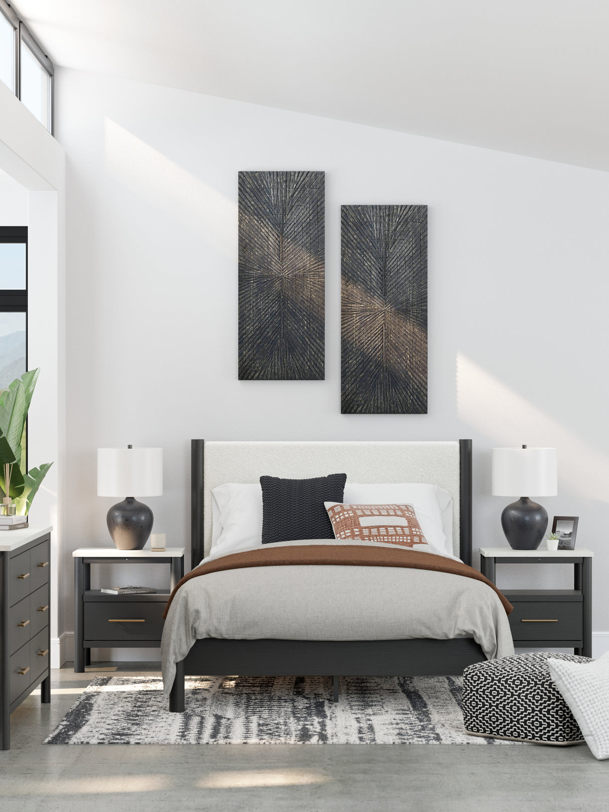 Cadmori Queen Upholstered Panel Bed with Mirrored Dresser and 2 Nightstands in Black/White from Ashley - Luna Furniture