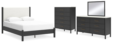 Cadmori Queen Upholstered Panel Bed with Mirrored Dresser and Chest in Black/White from Ashley - Luna Furniture