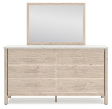 Cadmori Queen Upholstered Panel Bed with Mirrored Dresser and Chest in Two-tone from Ashley - Luna Furniture