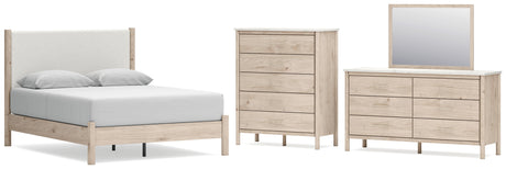 Cadmori Queen Upholstered Panel Bed with Mirrored Dresser and Chest in Two-tone from Ashley - Luna Furniture