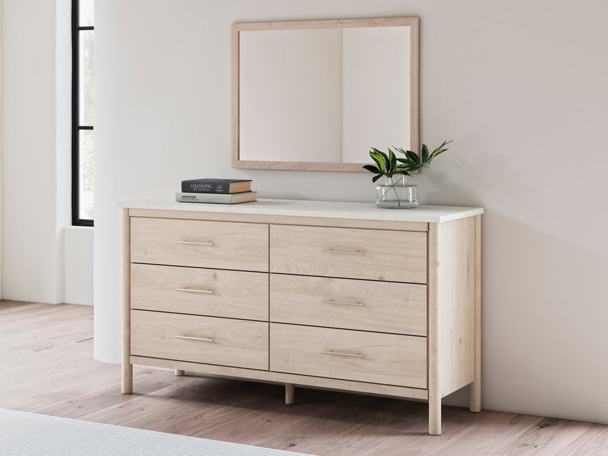 Cadmori Queen Upholstered Panel Bed with Mirrored Dresser and Chest in Two-tone from Ashley - Luna Furniture