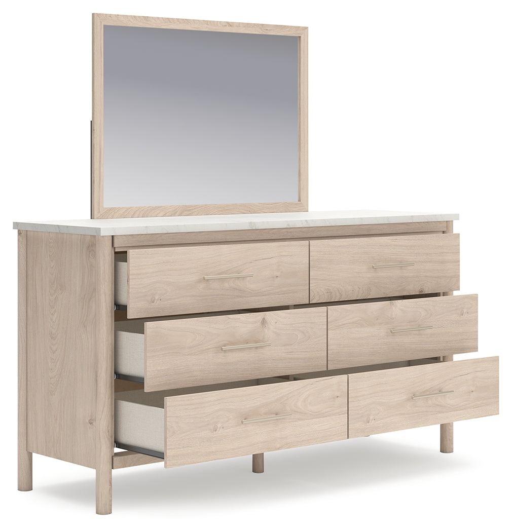 Cadmori Queen Upholstered Panel Bed with Mirrored Dresser and Chest in Two-tone from Ashley - Luna Furniture