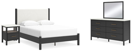 Cadmori Queen Upholstered Panel Bed with Mirrored Dresser and Nightstand in Black/White - PKG020260