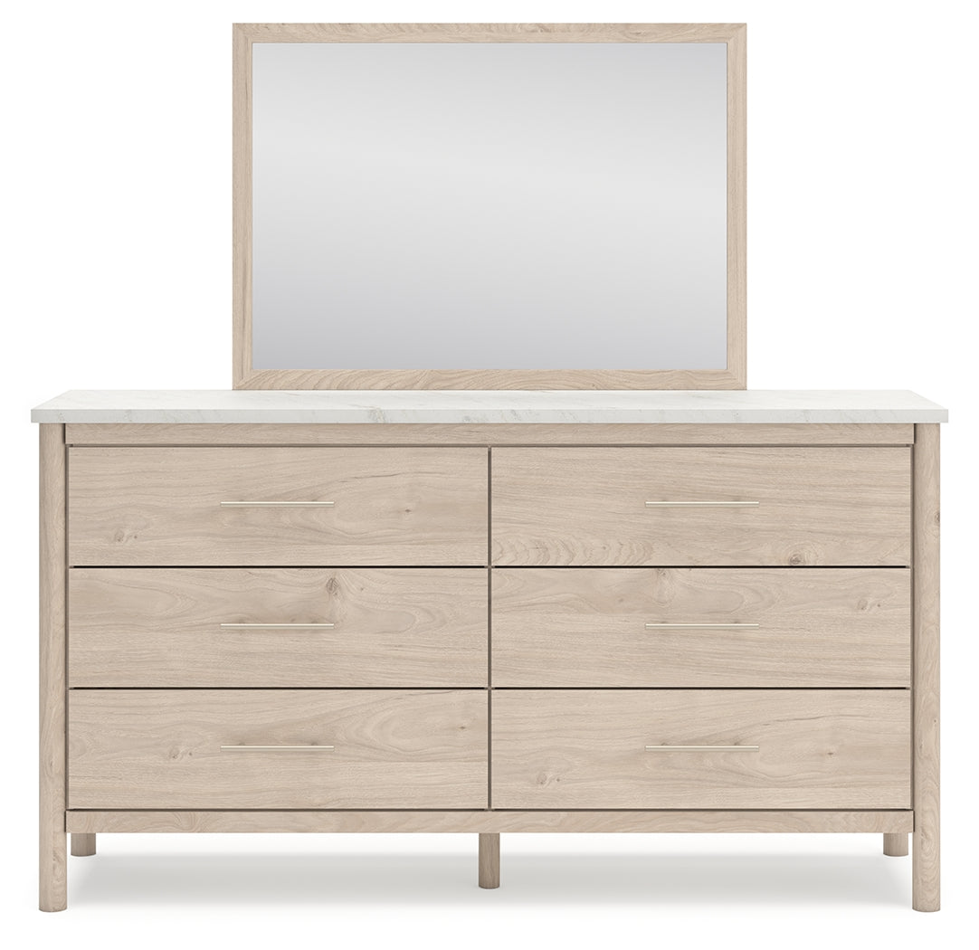 Cadmori Queen Upholstered Panel Bed with Mirrored Dresser and Nightstand in Two-tone from Ashley - Luna Furniture