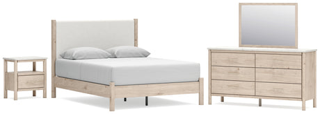 Cadmori Queen Upholstered Panel Bed with Mirrored Dresser and Nightstand in Two-tone from Ashley - Luna Furniture