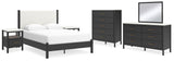 Cadmori Queen Upholstered Panel Bed with Mirrored Dresser, Chest and 2 Nightstands in Black/White from Ashley - Luna Furniture