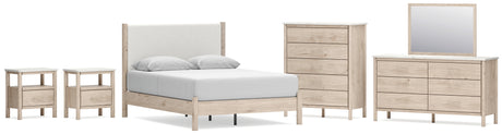 Cadmori Queen Upholstered Panel Bed with Mirrored Dresser, Chest and 2 Nightstands in Two-tone from Ashley - Luna Furniture