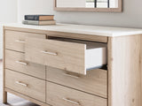 Cadmori Queen Upholstered Panel Bed with Mirrored Dresser, Chest and 2 Nightstands in Two-tone from Ashley - Luna Furniture