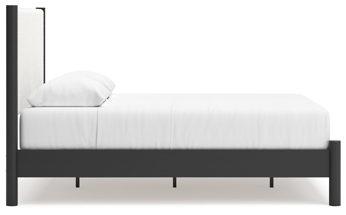 Cadmori Queen Upholstered Panel Bed with Mirrored Dresser in Black/White from Ashley - Luna Furniture