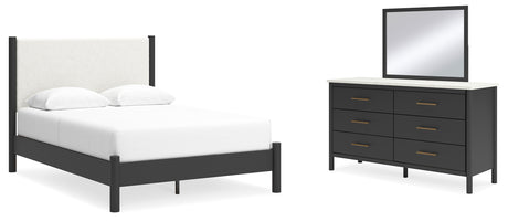 Cadmori Queen Upholstered Panel Bed with Mirrored Dresser in Black/White from Ashley - Luna Furniture