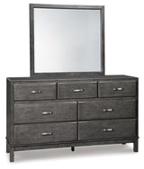 Caitbrook California King Storage Bed with 8 Storage Drawers with Mirrored Dresser and 2 Nightstands in Gray - PKG005285