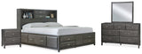 Caitbrook California King Storage Bed with 8 Storage Drawers with Mirrored Dresser and 2 Nightstands in Gray - PKG005285