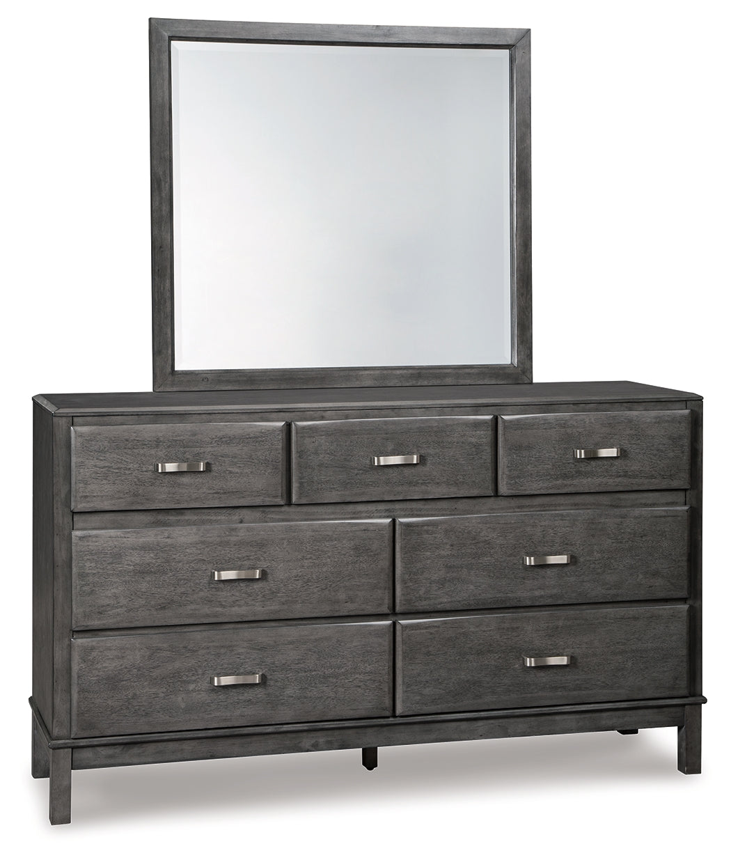 Caitbrook California King Storage Bed with 8 Storage Drawers with Mirrored Dresser and Chest in Gray - PKG005288