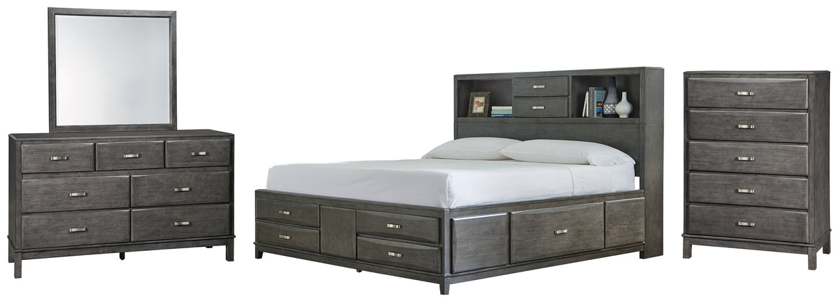 Caitbrook California King Storage Bed with 8 Storage Drawers with Mirrored Dresser and Chest in Gray - PKG005288