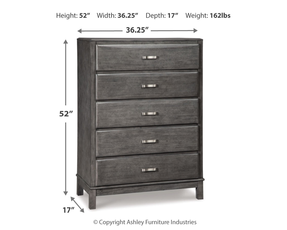 Caitbrook California King Storage Bed with 8 Storage Drawers with Mirrored Dresser and Chest in Gray - PKG005288