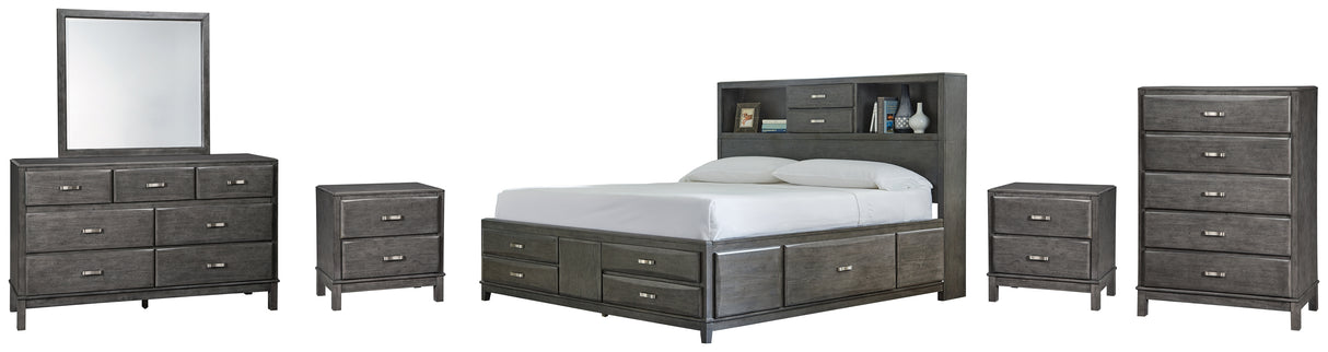 Caitbrook California King Storage Bed with 8 Storage Drawers with Mirrored Dresser, Chest and 2 Nightstands in Gray - PKG005291