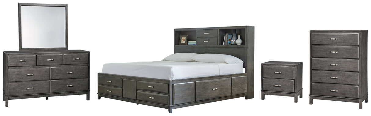 Caitbrook California King Storage Bed with 8 Storage Drawers with Mirrored Dresser, Chest and Nightstand in Gray - PKG005289