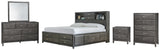 Caitbrook California King Storage Bed with 8 Storage Drawers with Mirrored Dresser, Chest and Nightstand in Gray - PKG005289