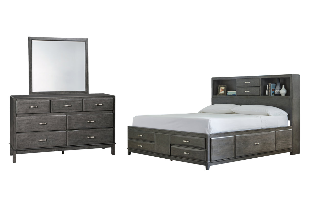 Caitbrook California King Storage Bed with 8 Storage Drawers with Mirrored Dresser in Gray - PKG005283