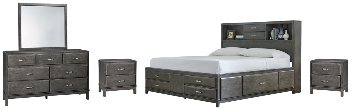 Caitbrook Full Storage Bed with 7 Storage Drawers with Mirrored Dresser and 2 Nightstands in Gray - PKG005269