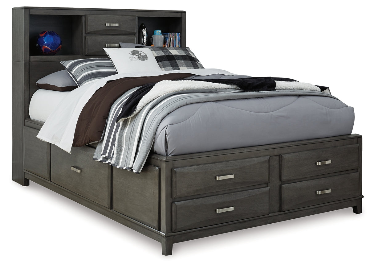 Caitbrook Full Storage Bed with 7 Storage Drawers with Mirrored Dresser and 2 Nightstands in Gray - PKG005269