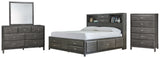 Caitbrook Full Storage Bed with 7 Storage Drawers with Mirrored Dresser and Chest in Gray - PKG005270