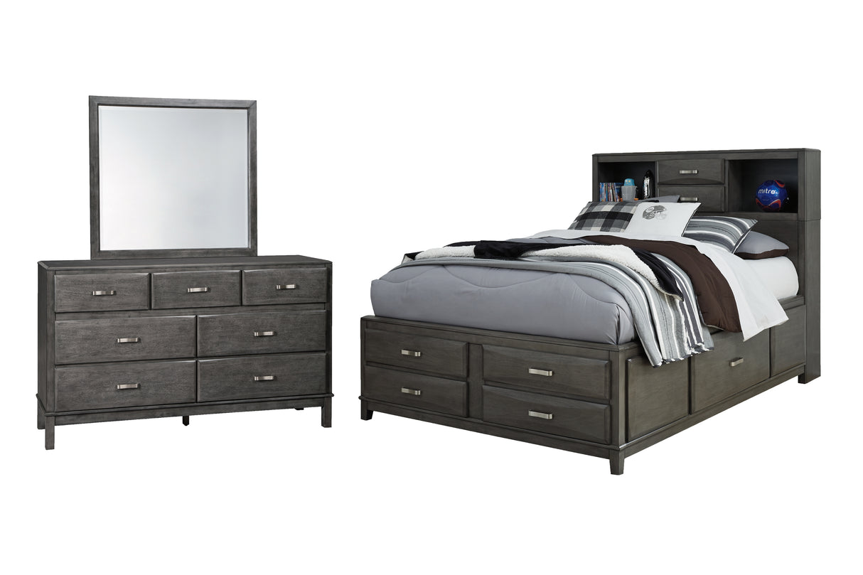 Caitbrook Full Storage Bed with 7 Storage Drawers with Mirrored Dresser in Gray - PKG000037