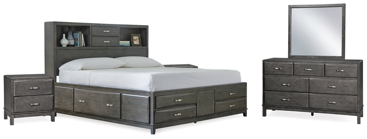 Caitbrook King Storage Bed with 8 Storage Drawers with Mirrored Dresser and 2 Nightstands in Gray - PKG005274