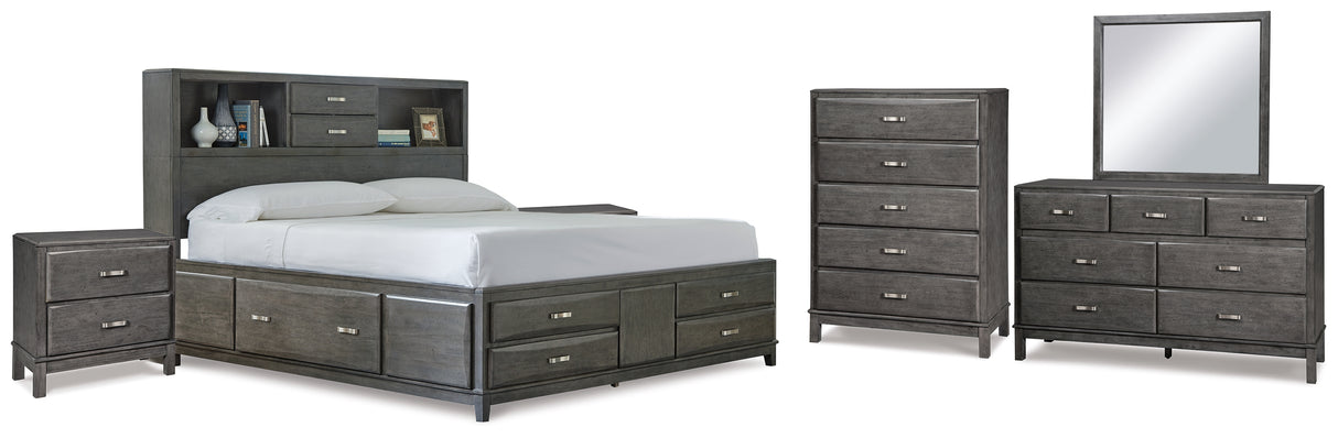 Caitbrook King Storage Bed with 8 Storage Drawers with Mirrored Dresser, Chest and 2 Nightstands in Gray - PKG005280