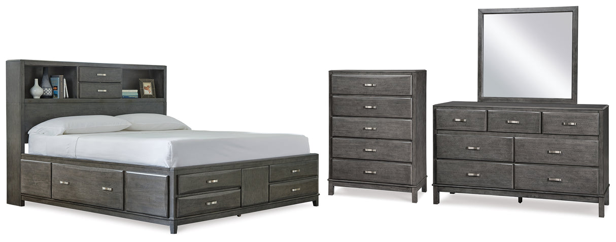 Caitbrook Queen Storage Bed with 8 Storage Drawers with Mirrored Dresser and Chest in Gray - PKG005263