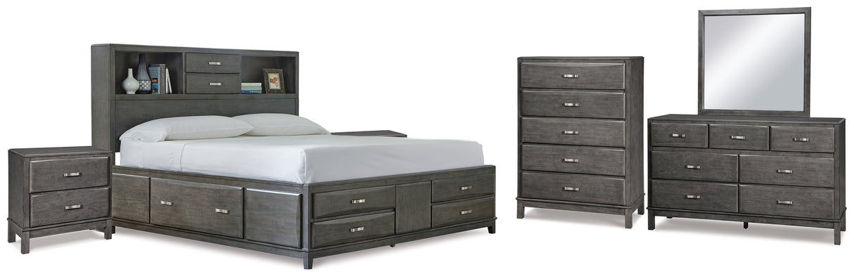 Caitbrook Queen Storage Bed with 8 Storage Drawers with Mirrored Dresser, Chest and 2 Nightstands in Gray - PKG005266