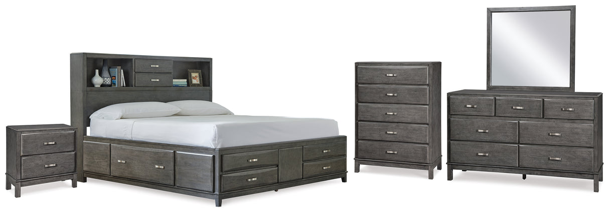 Caitbrook Queen Storage Bed with 8 Storage Drawers with Mirrored Dresser, Chest and Nightstand in Gray - PKG005265