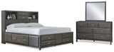 Caitbrook Queen Storage Bed with 8 Storage Drawers with Mirrored Dresser in Gray - PKG005261