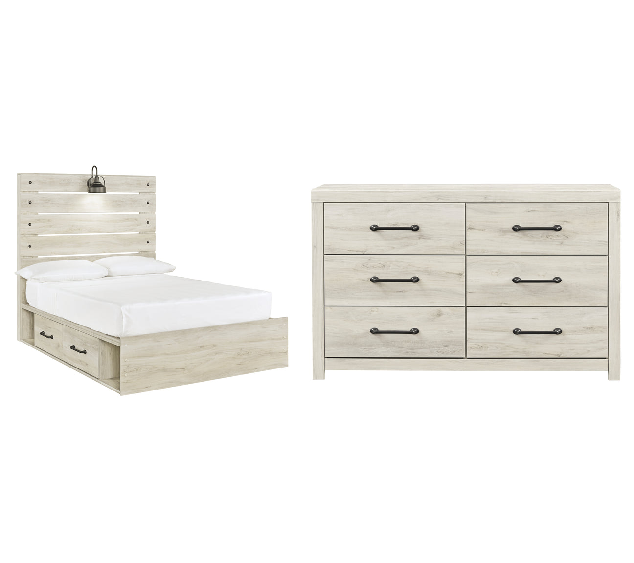 Cambeck Full Panel Bed with 2 Storage Drawers with Dresser in Whitewash - PKG002985