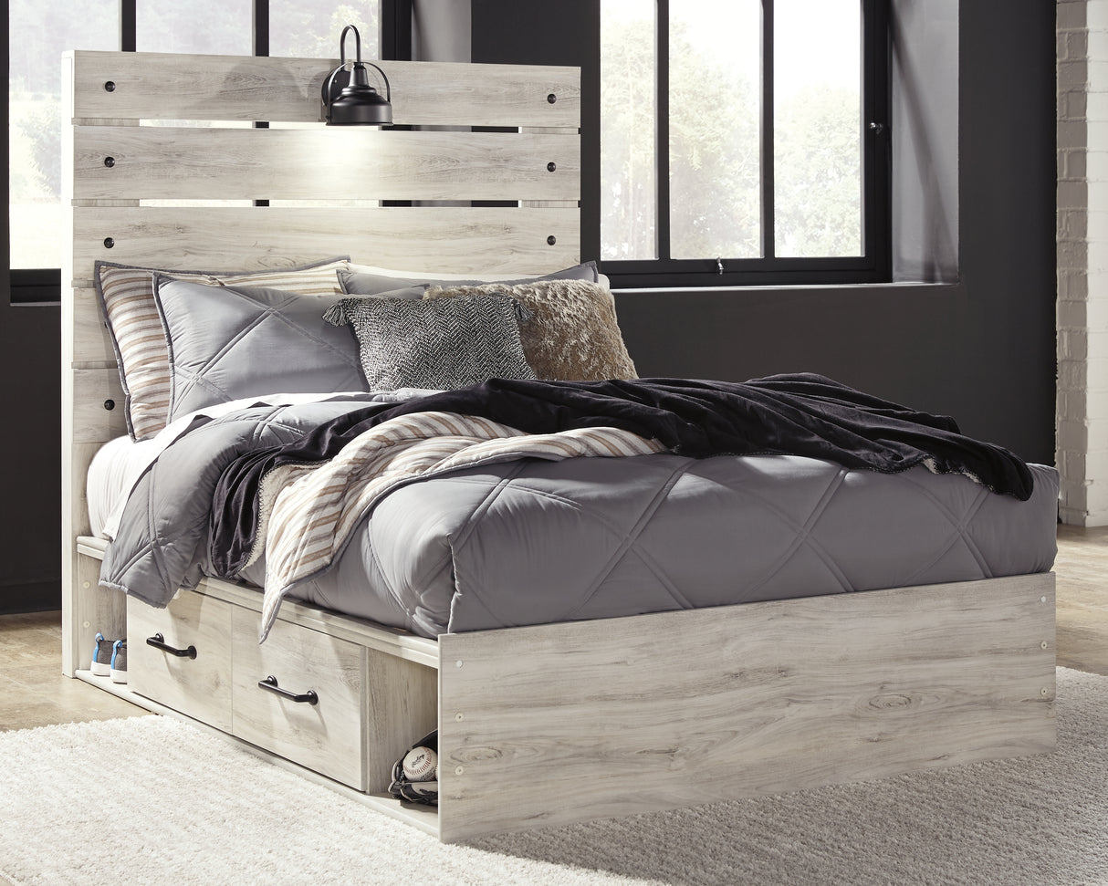 Cambeck Full Panel Bed with 2 Storage Drawers with Mirrored Dresser and 2 Nightstands in Whitewash - PKG002989