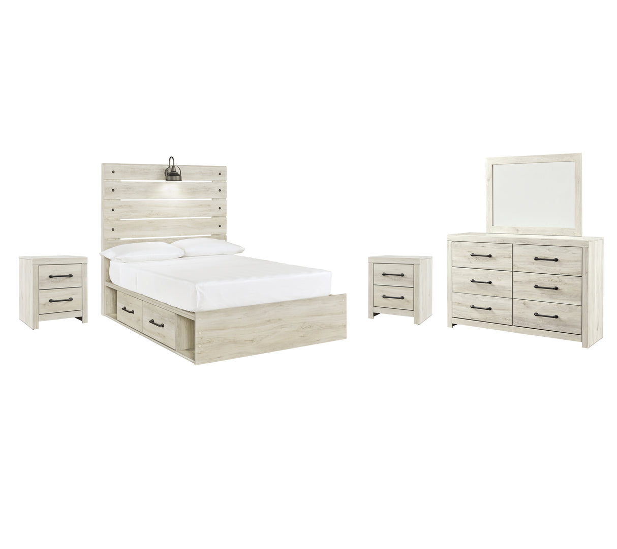 Cambeck Full Panel Bed with 2 Storage Drawers with Mirrored Dresser and 2 Nightstands in Whitewash - PKG002989