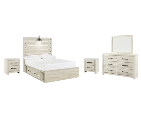 Cambeck Full Panel Bed with 2 Storage Drawers with Mirrored Dresser and 2 Nightstands in Whitewash from Ashley - Luna Furniture