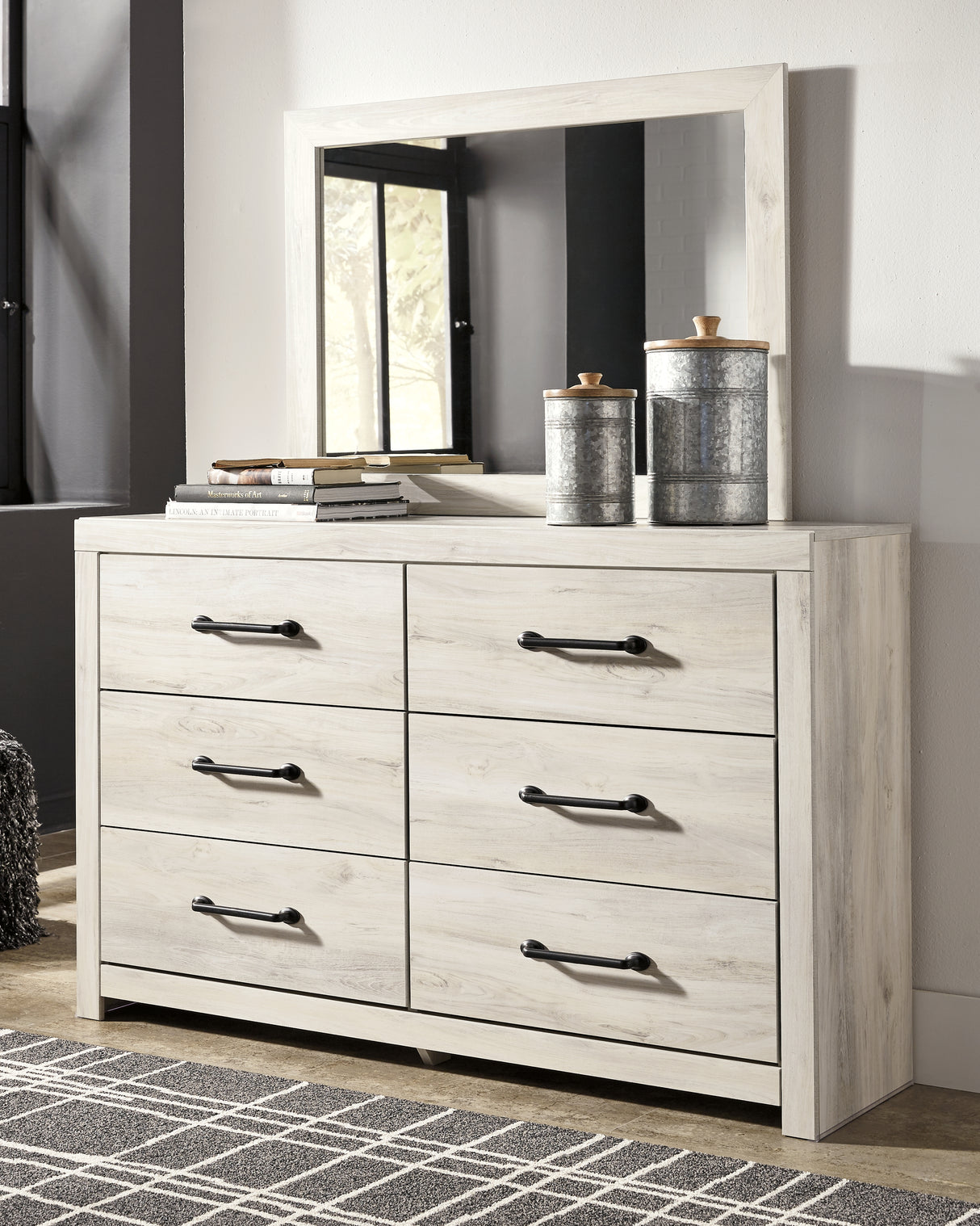 Cambeck Full Panel Bed with 2 Storage Drawers with Mirrored Dresser and 2 Nightstands in Whitewash - PKG002989