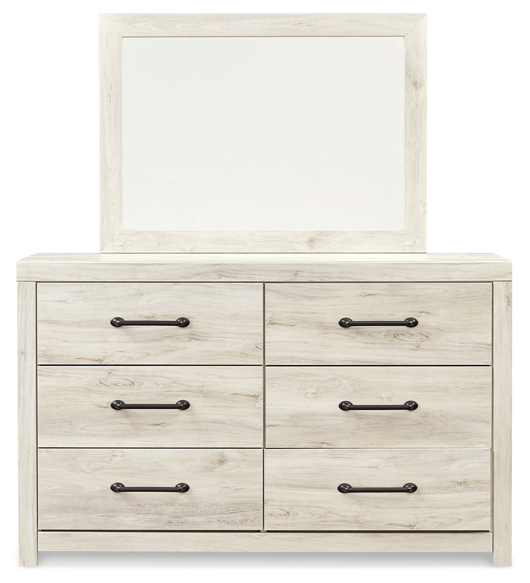 Cambeck Full Panel Bed with 2 Storage Drawers with Mirrored Dresser and 2 Nightstands in Whitewash - PKG002989