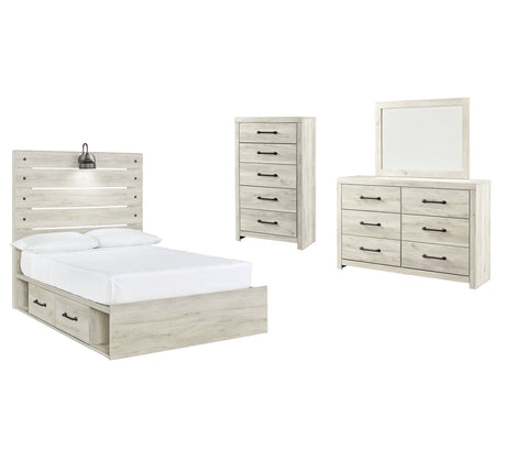 Cambeck Full Panel Bed with 2 Storage Drawers with Mirrored Dresser and Chest in Whitewash from Ashley - Luna Furniture