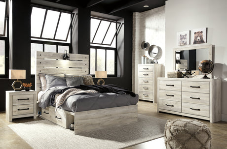 Cambeck Full Panel Bed with 2 Storage Drawers with Mirrored Dresser, Chest and 2 Nightstands in Whitewash - PKG002992