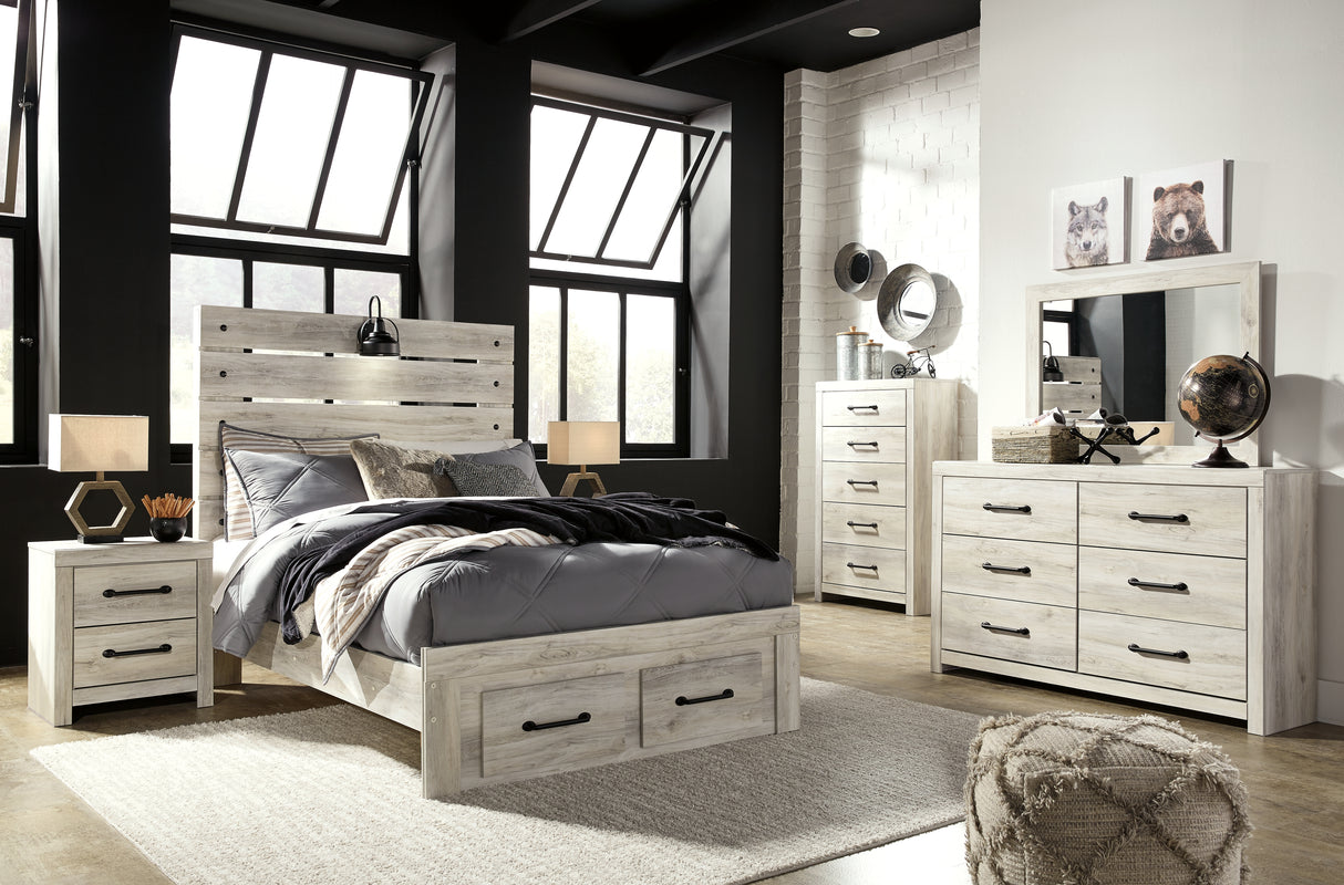 Cambeck Full Panel Bed with 2 Storage Drawers with Mirrored Dresser, Chest and 2 Nightstands in Whitewash - PKG003054