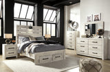 Cambeck Full Panel Bed with 2 Storage Drawers with Mirrored Dresser, Chest and 2 Nightstands in Whitewash - PKG003054